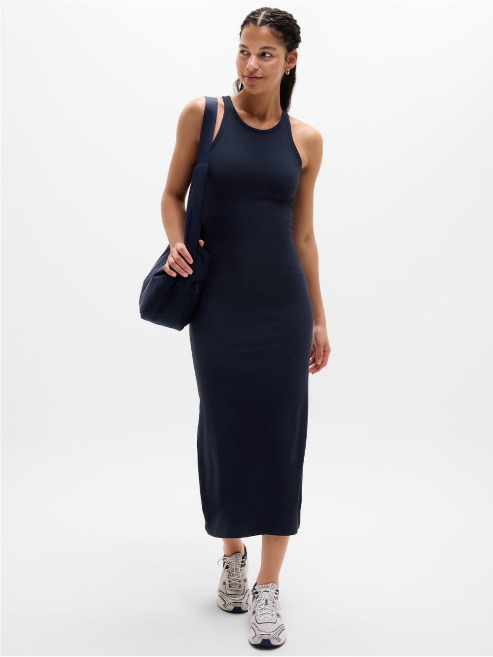 ATHLETA Soft Rib Midi Dress, Navy, Small EUC